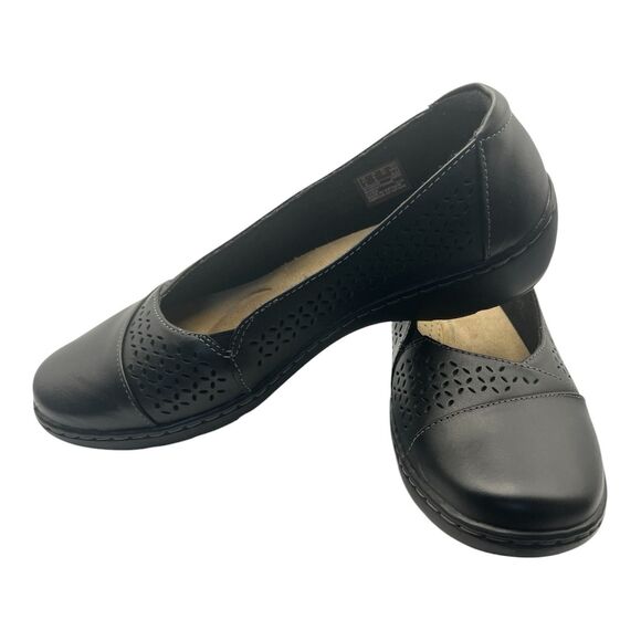 Clarks Cora Iris Loafer womens US 9 Wide Black Leather Slip On 1 inch heel New - Picture 1 of 13